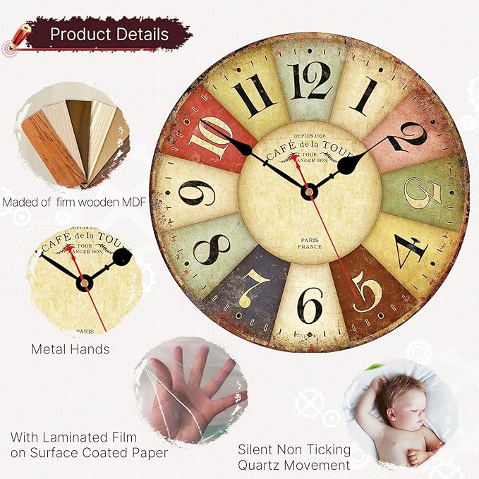 VIKMARI Clocks Battery Operated Wooden Wall Clock Retro Rustic Clock Decorative