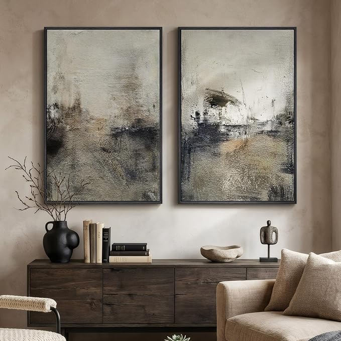 Large Framed Neutral Abstract Wall Art Set of 2