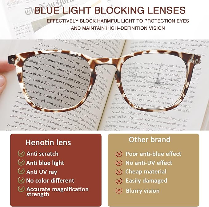 Henotin 3 Pack Blue Light Blocking Reading Glasses,Spring Hinge Computer Readers for Men Women,Anti UV Ray Filter Eyeglasses (3 Pairs, 1.00)