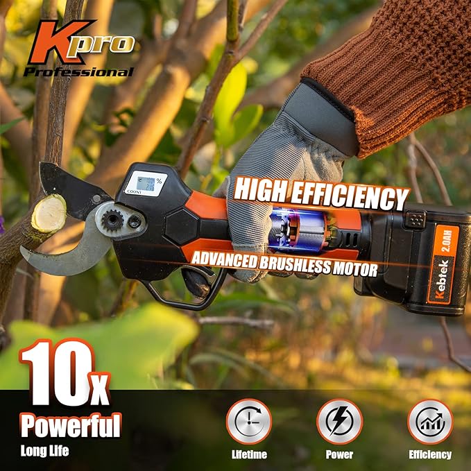 Cordless Electric Pruning Shears 40MM, Kebtek Professional Pruning Shears Battery Powered 21V Brushless Motor 2Pack 2AH Rechargeable Battery-LCD Display Screen (KT940)