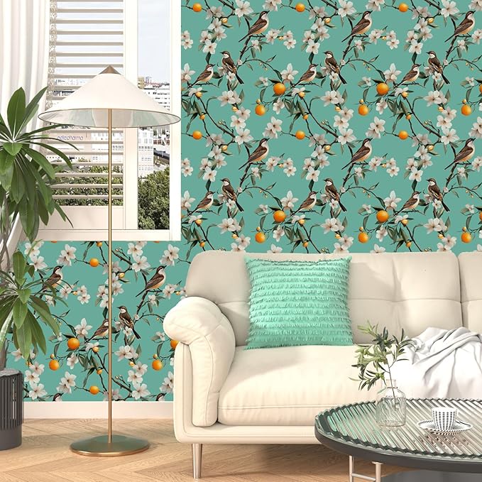 Teal White Bird Floral Wallpaper Peel and Stick, Fresh Orange Tree Contact Paper