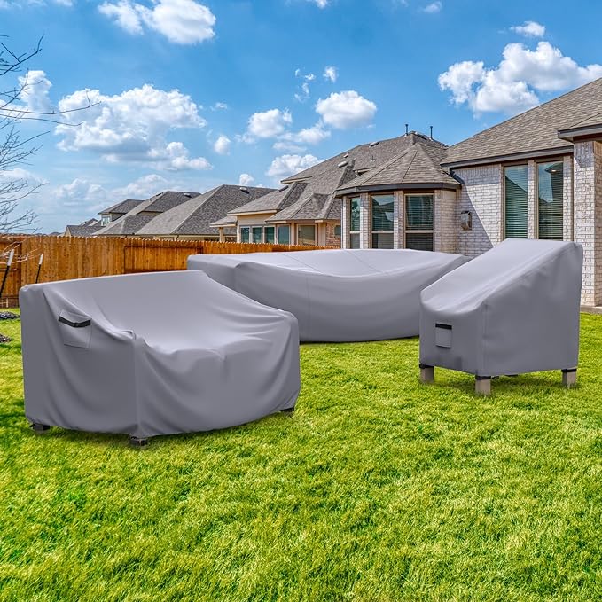 Patio Furniture Set Cover Waterproof, Heavy Duty Furniture Covers for Outdoor Sectional Sofa Set Wicker Rattan Table Chair Rectangular,138"L×86"W×28"H,Grey