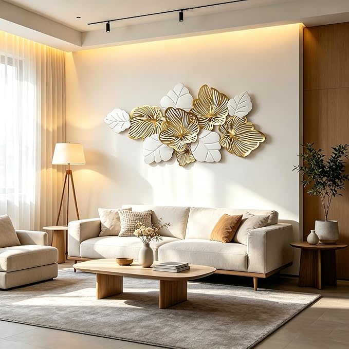 Roivikis Large Metal Wall Art Decor, 3D Abstract White & Gold Floral Leaves Wall Art, Handcrafted Modern Metal Wall Sculpture for Living Room, Bedroom, Entryway, 53.2" × 27"