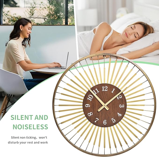 24 Inch Mid-Century Modern Wall Clock, Round Frame Metal Design