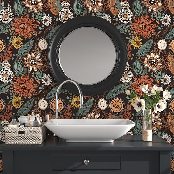 Laatse Rustic Boho Wallpaper Peel and Stick, Vintage Dark Brown Floral Contact
