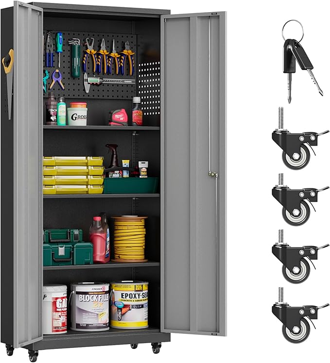 Garage Storage Cabinet with Wheels, Metal Storage Cabinet with 2 Doors and