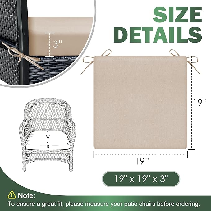 Outdoor Chair Cushions Set of 2, 19x19x3 Inch Waterproof & Fade Resistant Patio Furniture Seat Cushions with Ties, Square Outdoor Dining Chair Cushions for Lawn, Garden, Deck & Yard, Beige