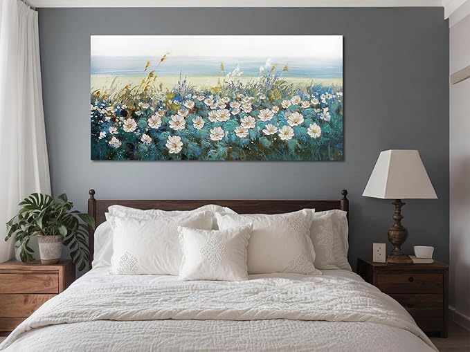 Arjun Flower Wall Art for Living Room, Teal Bedroom Canvas Daisy Floral Painting Landscape Picture Artwork Extra Large Textured Office Home Dining Room Kitchen Wall Decor 58"x29"
