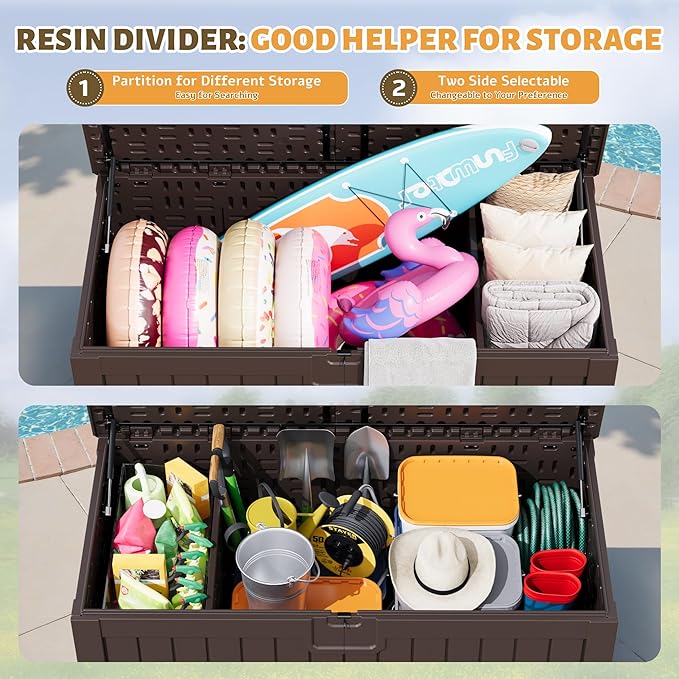 Flamaker 250 Gallon Resin Deck Box, Waterproof Imitation-Wood Lockable Storage Box with Separator Plate for Outdoor Indoor, Garden, Patio Furniture for Tools & Pool Accessories (Deep Brown)