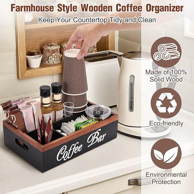 Wooden Coffee Organizer Holder with Divided Sections & Cutout Handle, Farmhouse Coffee Bar Organizer for Pods, Cups, Lids, Syrups, Stirrers & Accessories – Ideal Gift for Home or Office