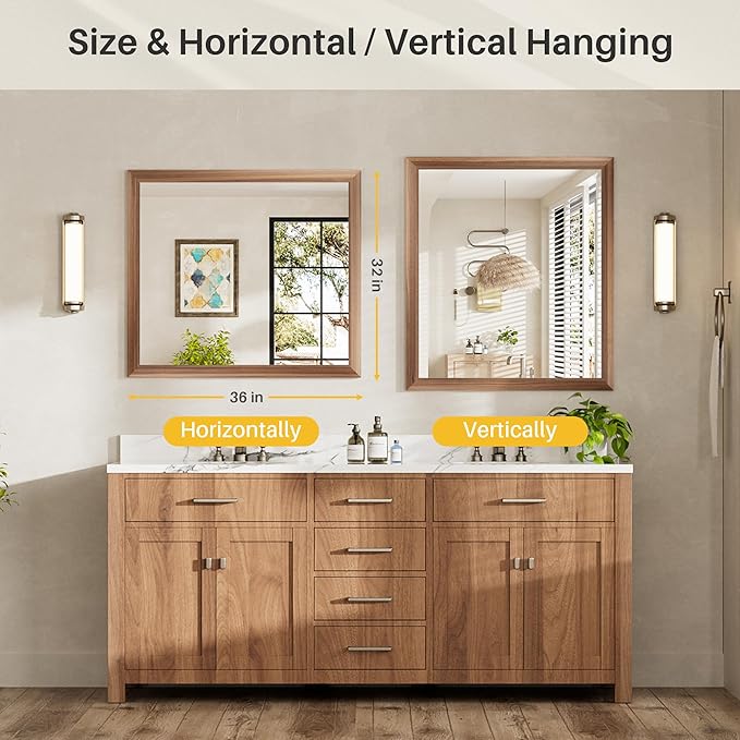 36x32 Inch Bathroom Mirror for Wall, Anti-Rust Walnut Wood Grain Metal Framed