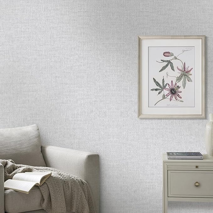 Light Grey Grasscloth Peel and Stick Wallpaper, Textured Vintage Contact Paper