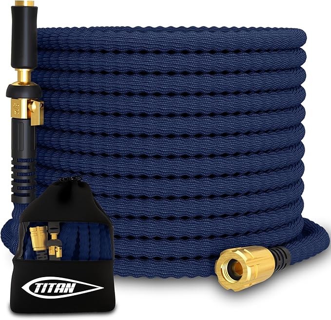 TITAN Flexible Garden Hose 65FT â Ultra Lightweight, Heavy Duty Water Hose with Brass Fittings & Jet Nozzle â Kink-Free, Non-Expanding, Durable Fabric Hose for Yard, Lawn, Car Wash, Outdoor Use