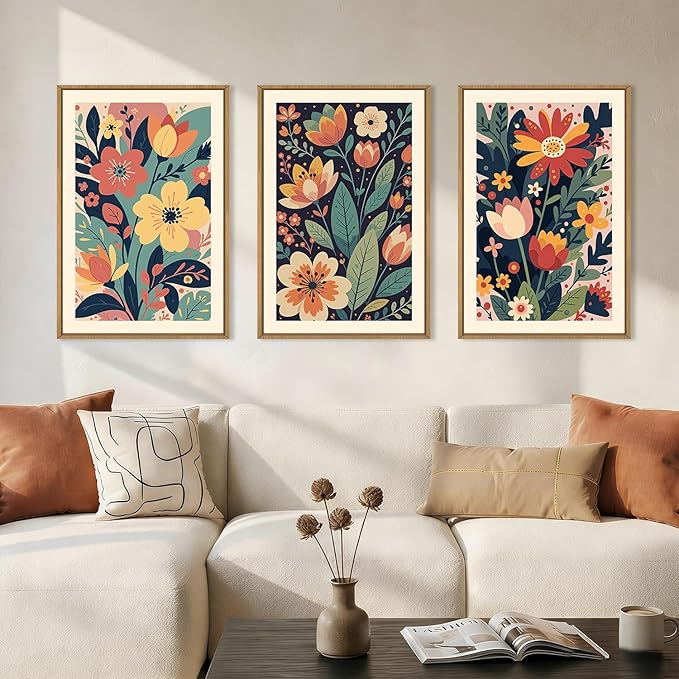 KAIRNE Vintage Colorful Floral Framed Canvas Wall Art Set,Mid Century Modern Flower Wall Decor,Retro Wildflower Art Prints,Boho Botanical Artwork for Living Room,Bedroom,Farmhouse,Office-24 x36 x3