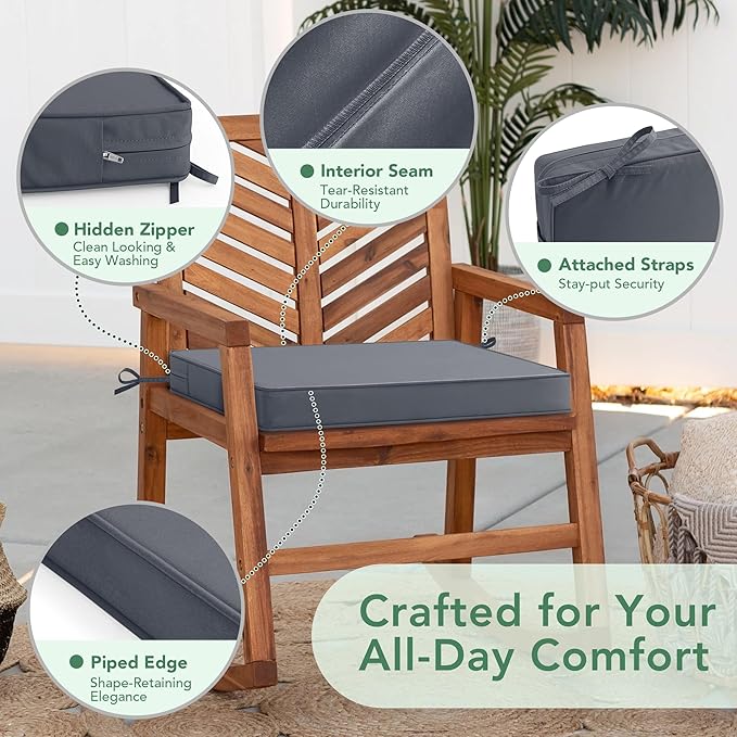 Outdoor Chair Cushions Set of 6: Waterproof & Fade Resistant Deep Seat Cushion for Patio Furniture - 24 x 24 Inch Chair Pads with Ties and Hidden Zipper - Patio Chair Cushion Replacement, Dark Grey