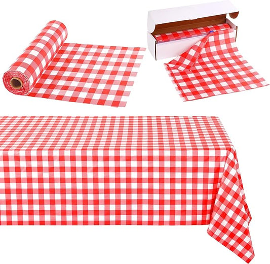 Kochorie 54 Inch x 100 Ft Red Checkered Plastic Table Cloth Roll Disposable