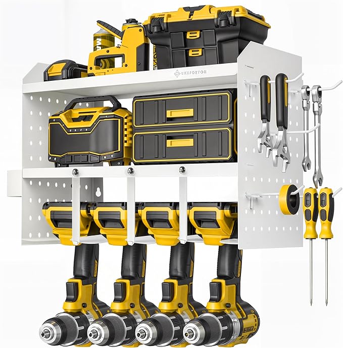 Power Tool Organizer Wall Mount - 3 Layer Heavy Duty - Cordless Tool Organizer, 4 Drill Hanger, Modular Battery Tool Organizer Wall Mount - Garage/Workshop Storage Peg Board Utility Rack