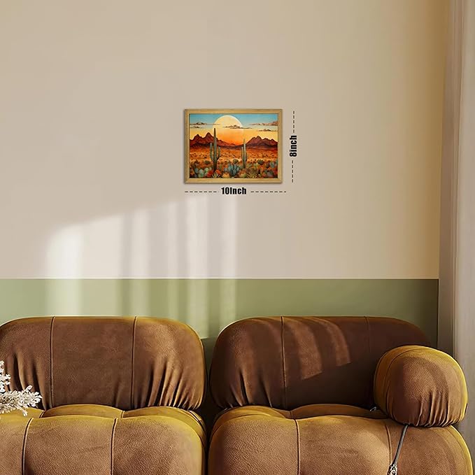 Framed Western Desert Sunset Cactus Wall Art, Vintage Southwest Nature