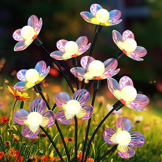 NBQQ Solar Garden Lights Outdoor, Swaying Light Waterproof Solar Lights Outdoor for Yard Pathway Patio, Swaying Lawn Decor as Gardening Gifts for Women Holiday (Warm White-Flowers, 4 Pack)