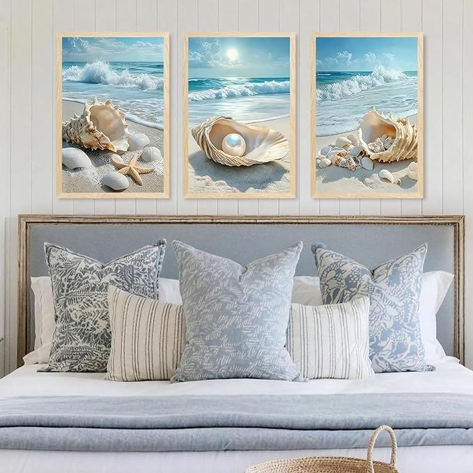 SYWENNOI 3 Piece Wood Framed Beach Wall Art, Sandy Shore, Pearl in Shell
