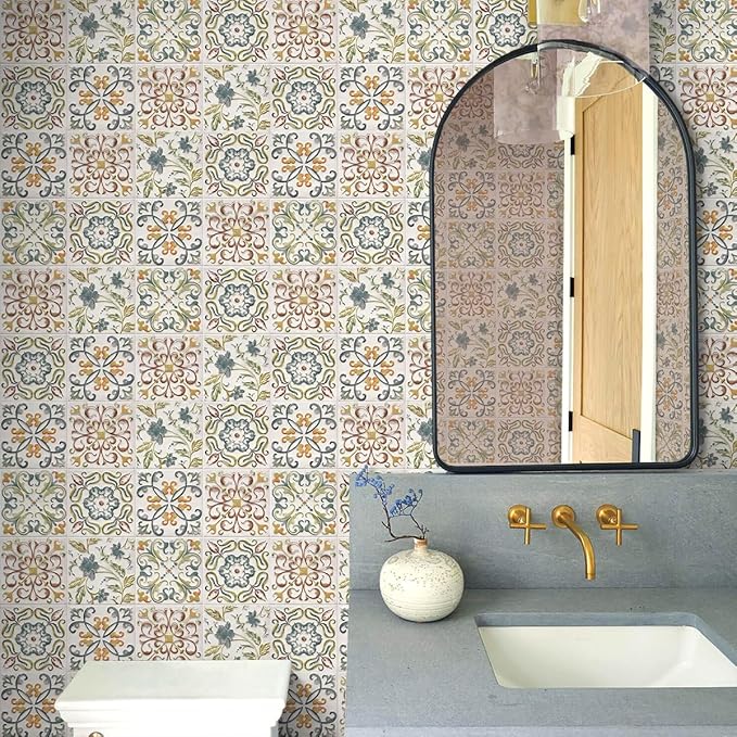 Wudnaye Bohemian Wallpaper Peel and Stick Faux Tile Contact Paper 17”×118” Tile