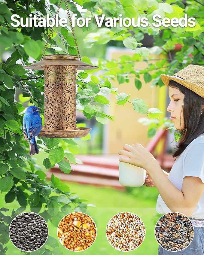 SWEETFULL Solar Bird Feeder for Outdoors Hanging, Metal Wild Bird Feeder for Cardinals Solar Garden Lantern with S Hook as Gift Ideas for Bird Lovers (2LBs Heavy Duty Weather Resistance birdfeeders)