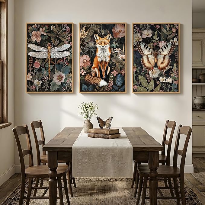 Framed Vintage Botanical Animal Wall Art Set of 3, Dark Floral Butterfly