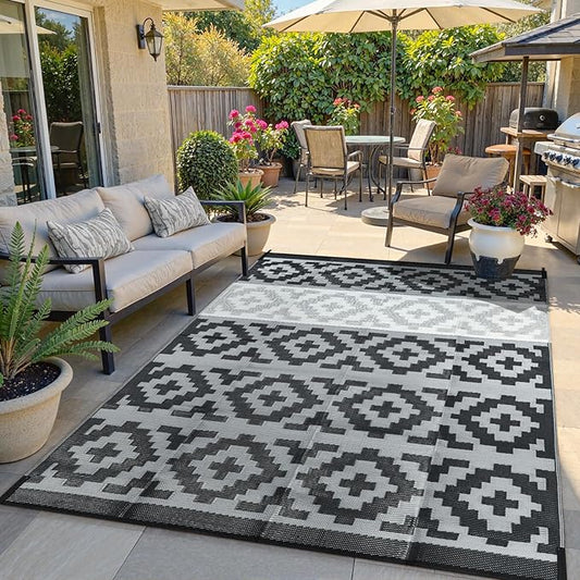 Anidaroel 6x9 Outdoor Rugs for Patios Clearance, Waterproof Reversible Plastic Straw Outside Area Rug, Camping Rugs for Outside RV, Large Outdoor Area Rug for Porch, Backyard (Black&Gray,6âx9')