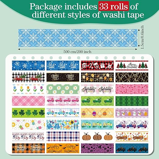 TaoBary 33 Rolls Holiday Plaid Washi Tape, 15 mm Seasonal Washi Tape Set Bohemian Colorful Vintage Cute for Card Wrapping Craft(Cute Style)