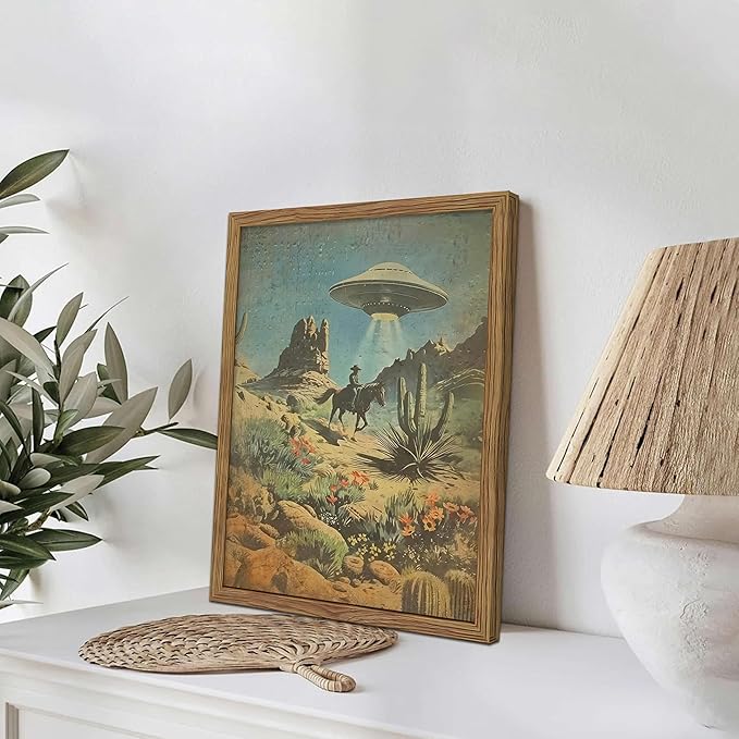 Framed Vintage Intergalactic Western Canvas Wall Art, Alien UFO Abducting Cowboy