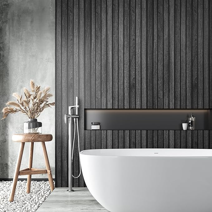 VEELIKE Charcoal Black Wood Slat Peel and Stick Wallpaper 24''x118'' Modern