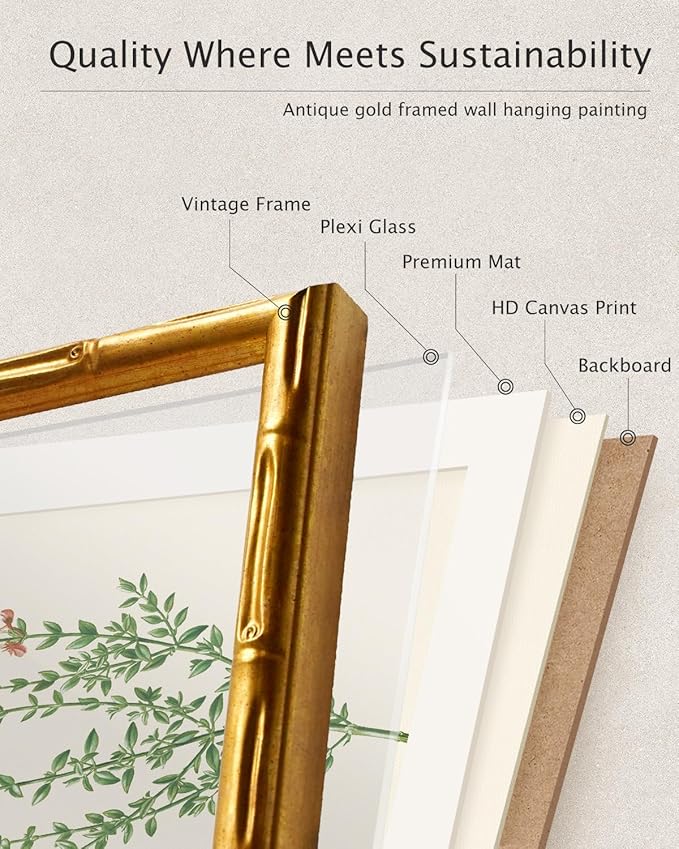 InSimSea Gold Bamboo Framed Canvas Wall Art, Plants Fern Botanical Paintings