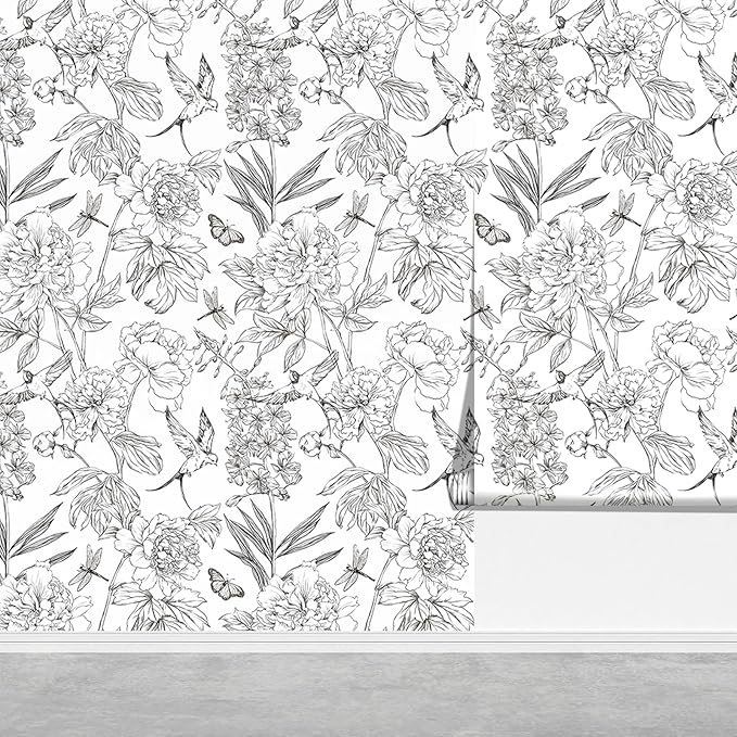Jiffdiff White and Black Wallpaper Peel and Stick Sketched Peony Floral