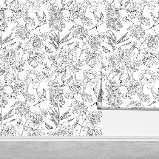 Jiffdiff White and Black Wallpaper Peel and Stick Sketched Peony Floral