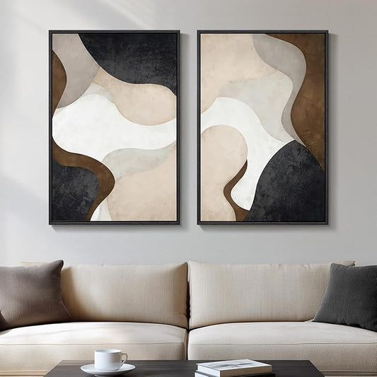 Framed Neutral Abstract Minimalist Wall Art Set of 2, Modern Canvas Prints