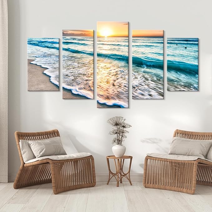 Goldfoilart 5 Pieces Beach Coastal Wall Art Sea Sunset Seascape Pictures Ocean