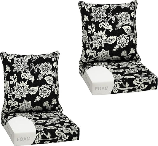 Arden Outdoor Foam Deep Seat Cushion Set (2-Pack), 24x24, Premium High-Density Foam, Never Flattens, Weather-Proof for Patio Chair Sofa Couch, Ashland Black Jacobean
