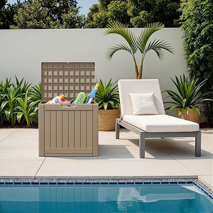 Flamaker Resin Deck Box 40 Gallon Waterproof Outdoor Indoor Storage Box Imitation Wood Resin for Patio Furniture Garden Tools and Pool (Brown)
