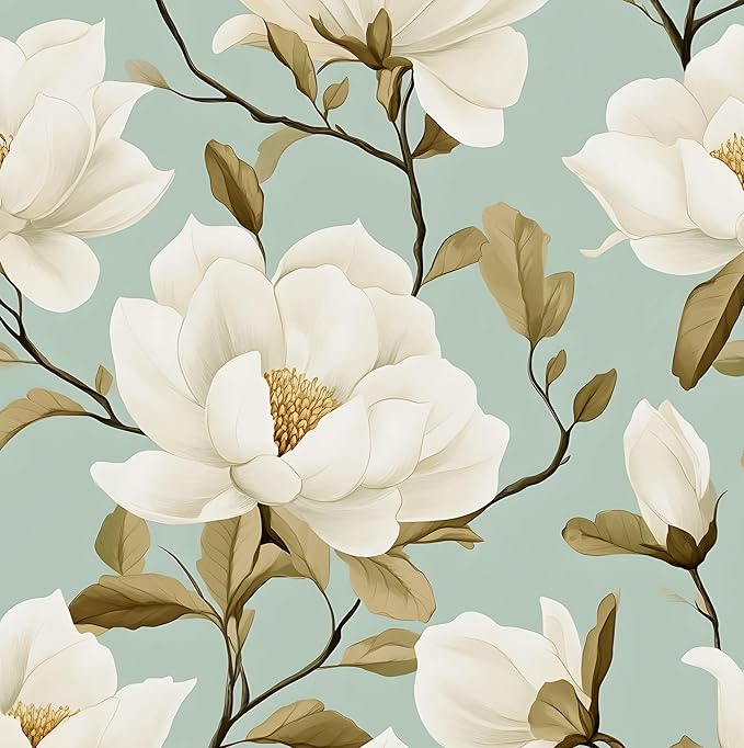 Modern Green White Flowers Wallpaper Blue Floral Peel and Stick Contact Paper