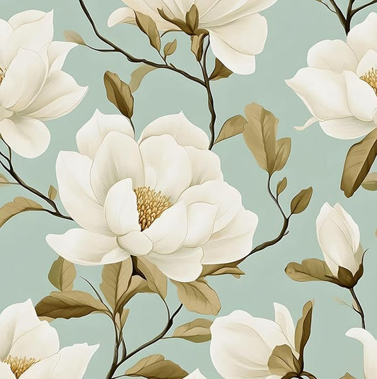 Modern Green White Flowers Wallpaper Blue Floral Peel and Stick Contact Paper