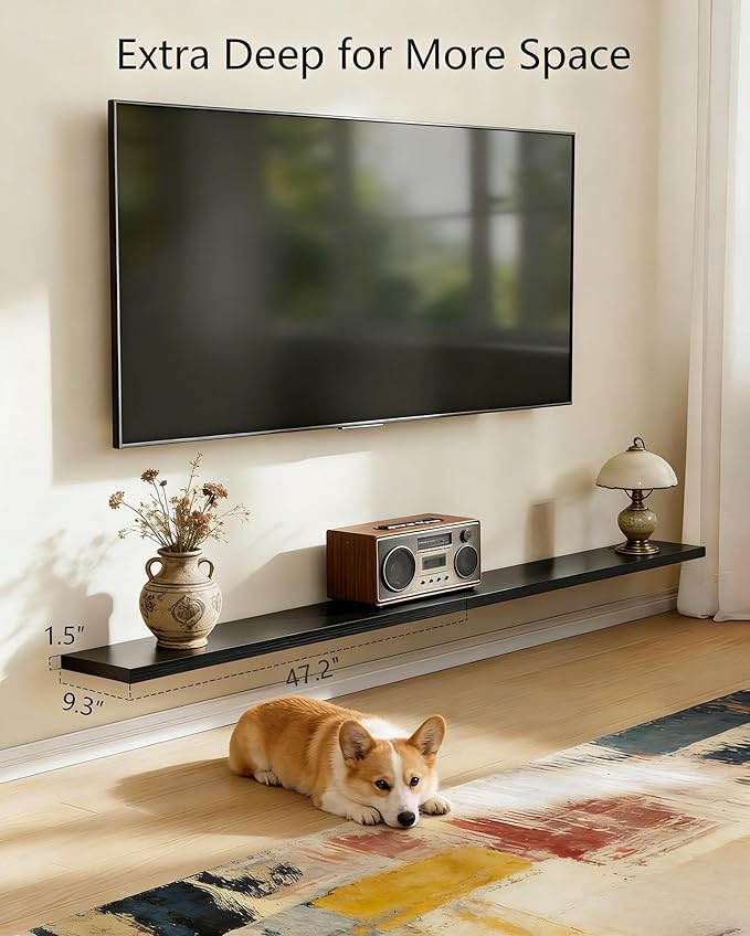 Vervida® Black Floating Shelves, 47.2 in W x 9.3 in D Wall Mounted Wood Shelves