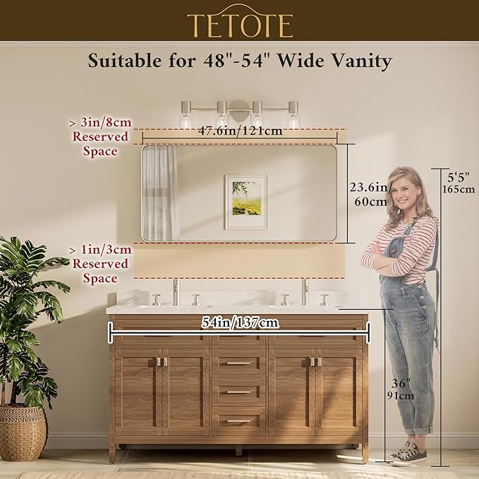 TETOTE 48 x 24 Inch Brushed Gold Frame Mirror, Brass Bathroom Vanity Mirror