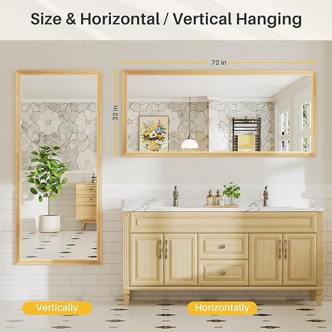 72x32 Inch Bathroom Mirror for Wall, Anti-Rust Oak Wood Grain Metal Framed