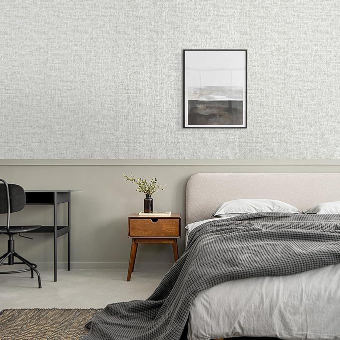 Grey Grasscloth Peel and Stick Wallpaper, Vintage Textured Contact Paper 15.75"