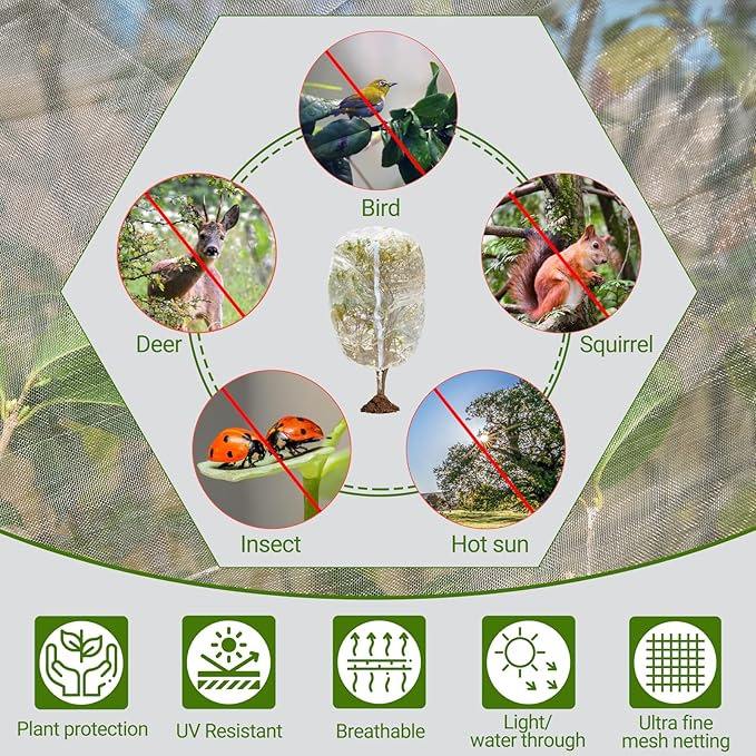4 Pack Fruit Tree Netting Covers with Zipper & Drawstring – 5.9x5.9FT Ultra-Fine Mesh Garden Netting – Insect & Bird Barrier for Tree, Plant & Crop Protection