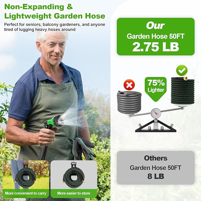 Garden Hose 50ft, Non-Expanding Water Hose with 10 Function Nozzle, Lightweight, Kink Free, Sturdy, Leak-Proof, Portable, Flexible Hose 50ft for Outdoor, Yard, Lawn, Car Wash and Camper Use