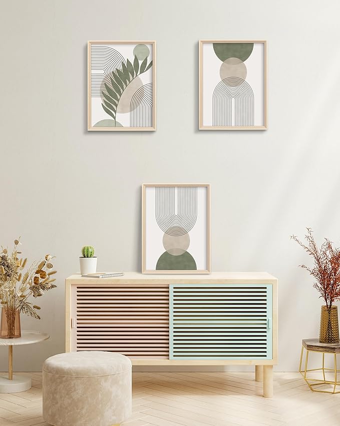 HesenDot Boho Sage Green Framed Wall Art, 12x16in High Framed Design Canvas