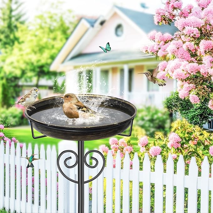 Metal Bird Bath for Outdoor, Garden Freestanding Birdbaths & Birdfeeders with Removable Bird Baths Feeder Bowl with 5 Prong Base Stake for Outside Garden Patio Yard Lawn Decor (Vintage Gold)