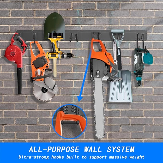 CBWLWJ 64'' Garage Tool Organizer Wall Mount - Heavy Duty 680 lbs Capacity Tool Rack with 10 Adjustable Hooks, Wall Mounted Storage System for Garage, Shed, Workshop (Black)