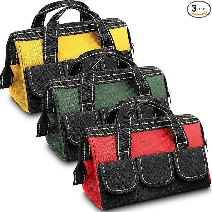 Sanwuta 3 Pack Tool Bag for Men with Waterproof Hard Bottom, Heavy Duty Tool Bag Wide Mouth Tote for Various Instrument, Electrician Carpenter Mechanic(Red, Army Green, Yellow,16 Inch,Classic)